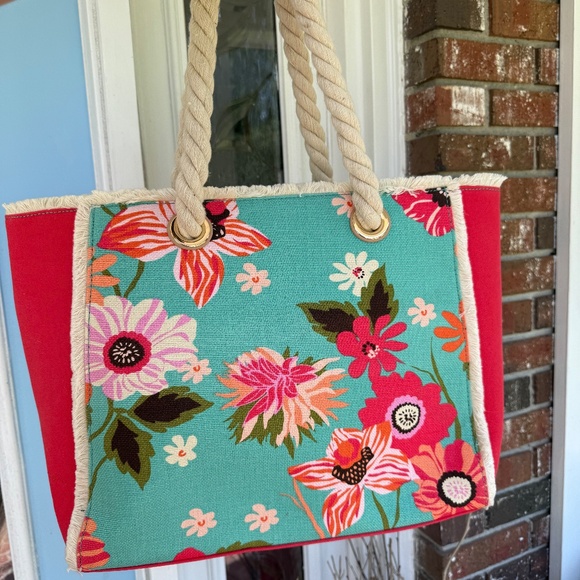 NWT Spartina 449 Boho Beach Tote Linen & Leather Floral - Picture 3 of 15